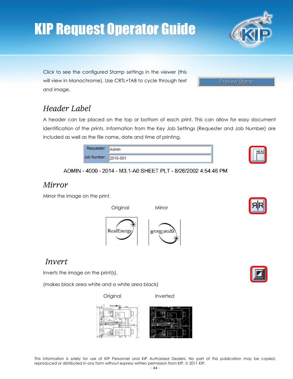 Kip request operator guide, Header label, Mirror | Invert | Konica Minolta KIP C7800 User Manual | Page 48 / 84