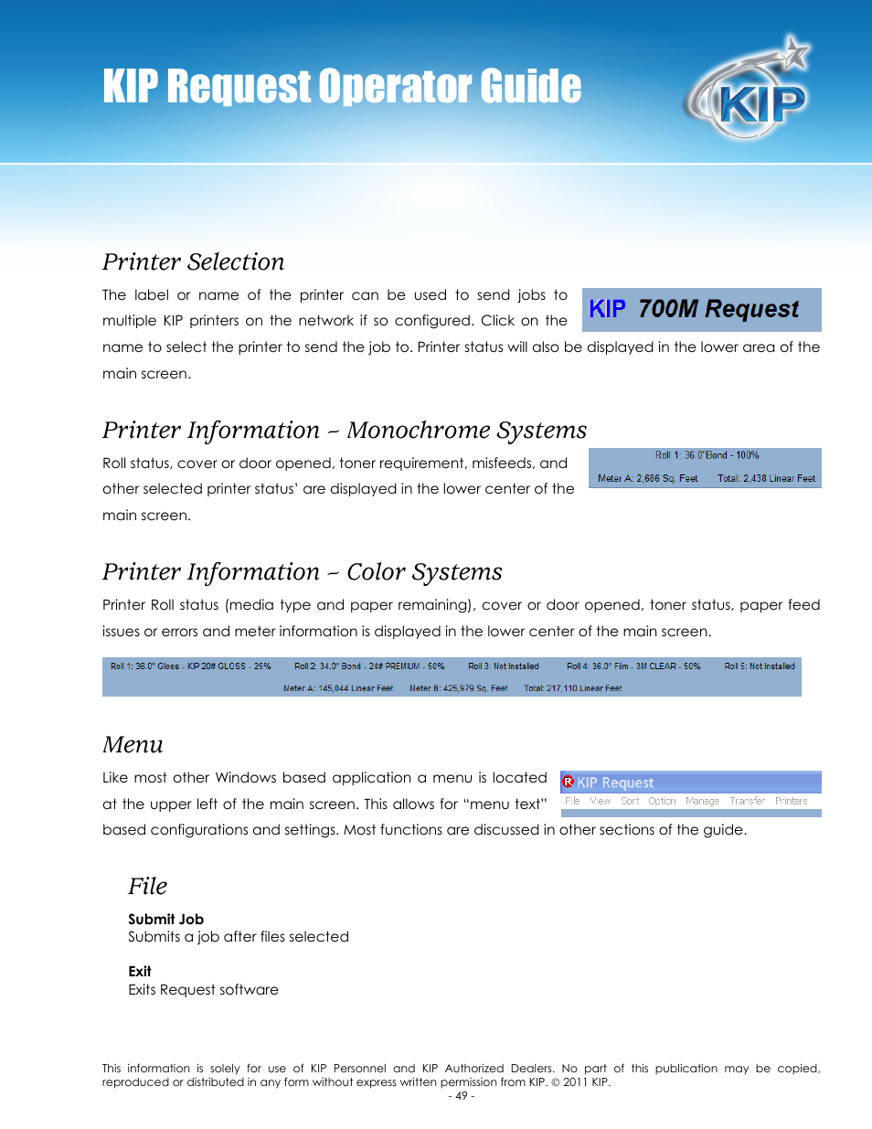 Kip request operator guide, Printer selection, Printer information – monochrome systems | Printer information – color systems, Menu, File | Konica Minolta KIP C7800 User Manual | Page 53 / 84