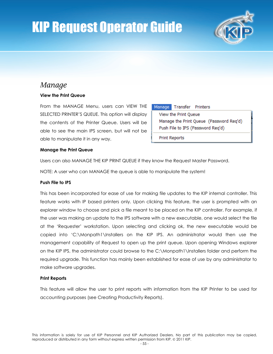 Kip request operator guide, Manage | Konica Minolta KIP C7800 User Manual | Page 59 / 84