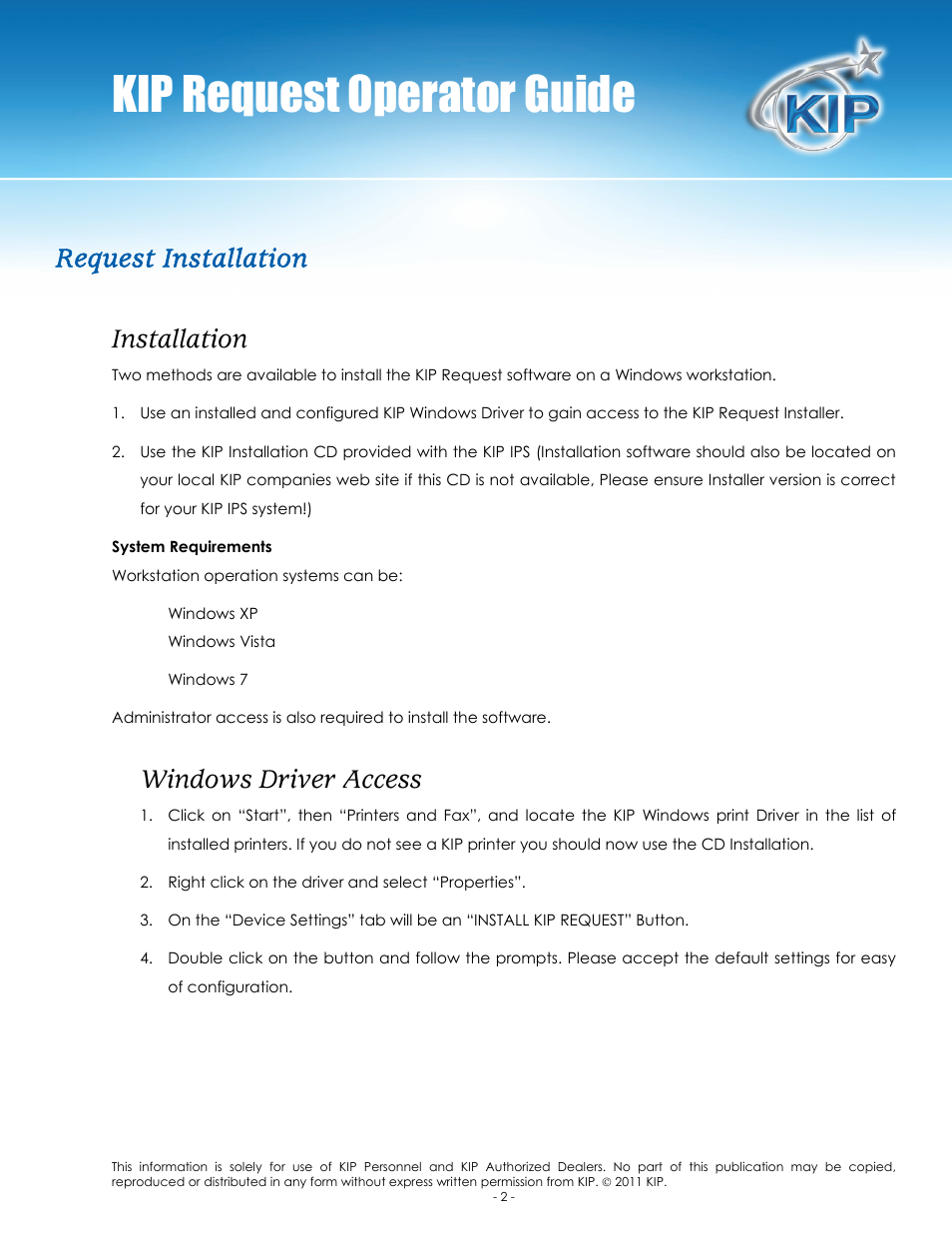 Kip request operator guide, Request installation installation, Windows driver access | Konica Minolta KIP C7800 User Manual | Page 6 / 84