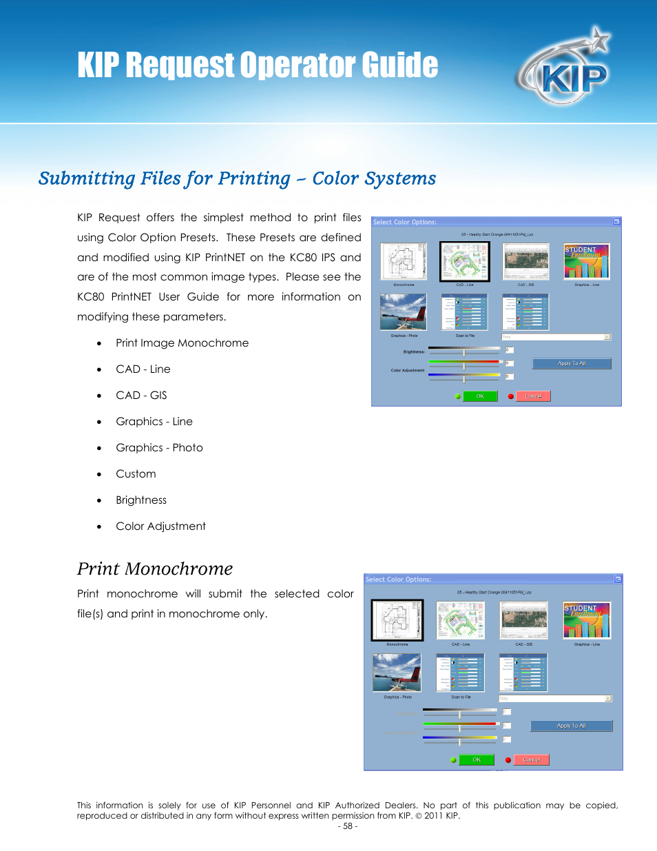 Kip request operator guide, Submitting files for printing – color systems, Print monochrome | Konica Minolta KIP C7800 User Manual | Page 62 / 84