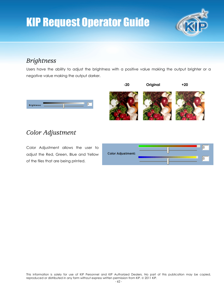Kip request operator guide, Brightness, Color adjustment | Konica Minolta KIP C7800 User Manual | Page 66 / 84