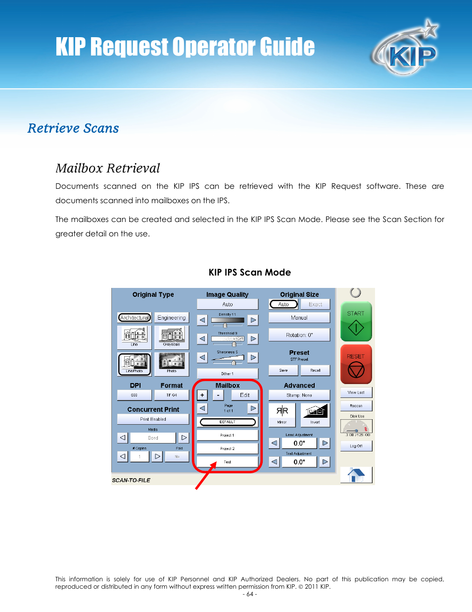 Kip request operator guide, Retrieve scans, Mailbox retrieval | Konica Minolta KIP C7800 User Manual | Page 68 / 84