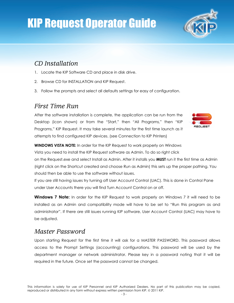 Kip request operator guide, Cd installation, First time run | Master password | Konica Minolta KIP C7800 User Manual | Page 7 / 84