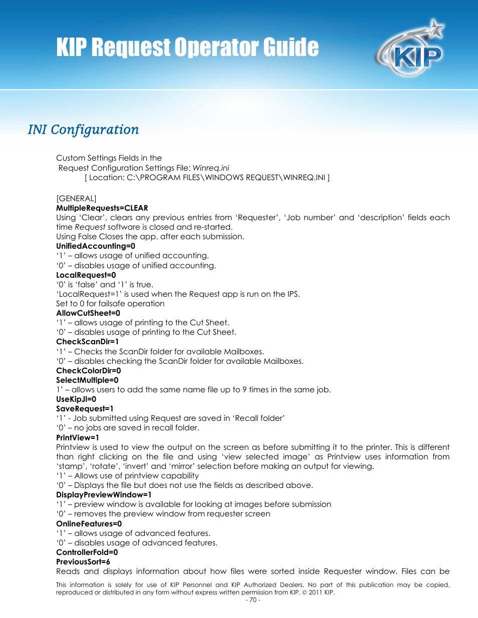 Kip request operator guide, Ini configuration | Konica Minolta KIP C7800 User Manual | Page 74 / 84