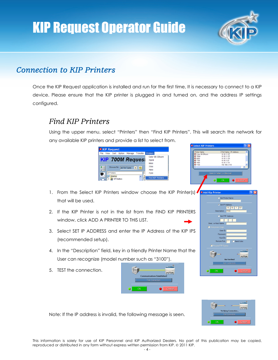 Kip request operator guide, Connection to kip printers, Find kip printers | Konica Minolta KIP C7800 User Manual | Page 8 / 84