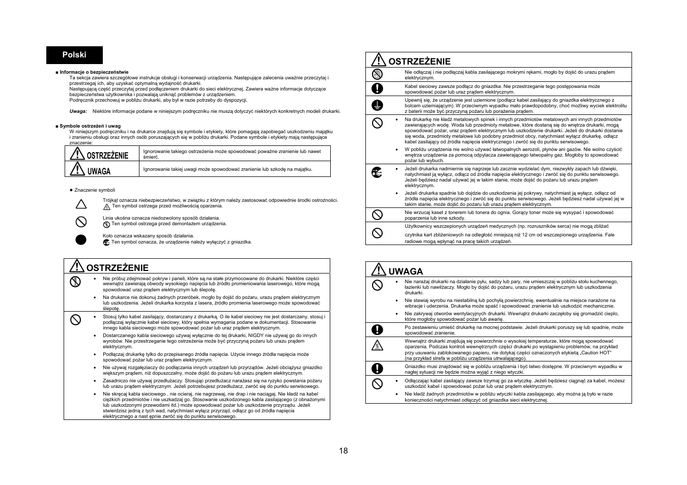 Ostrzeżenie, Uwaga, 18 polski | Konica Minolta bizhub C3350 User Manual | Page 19 / 54