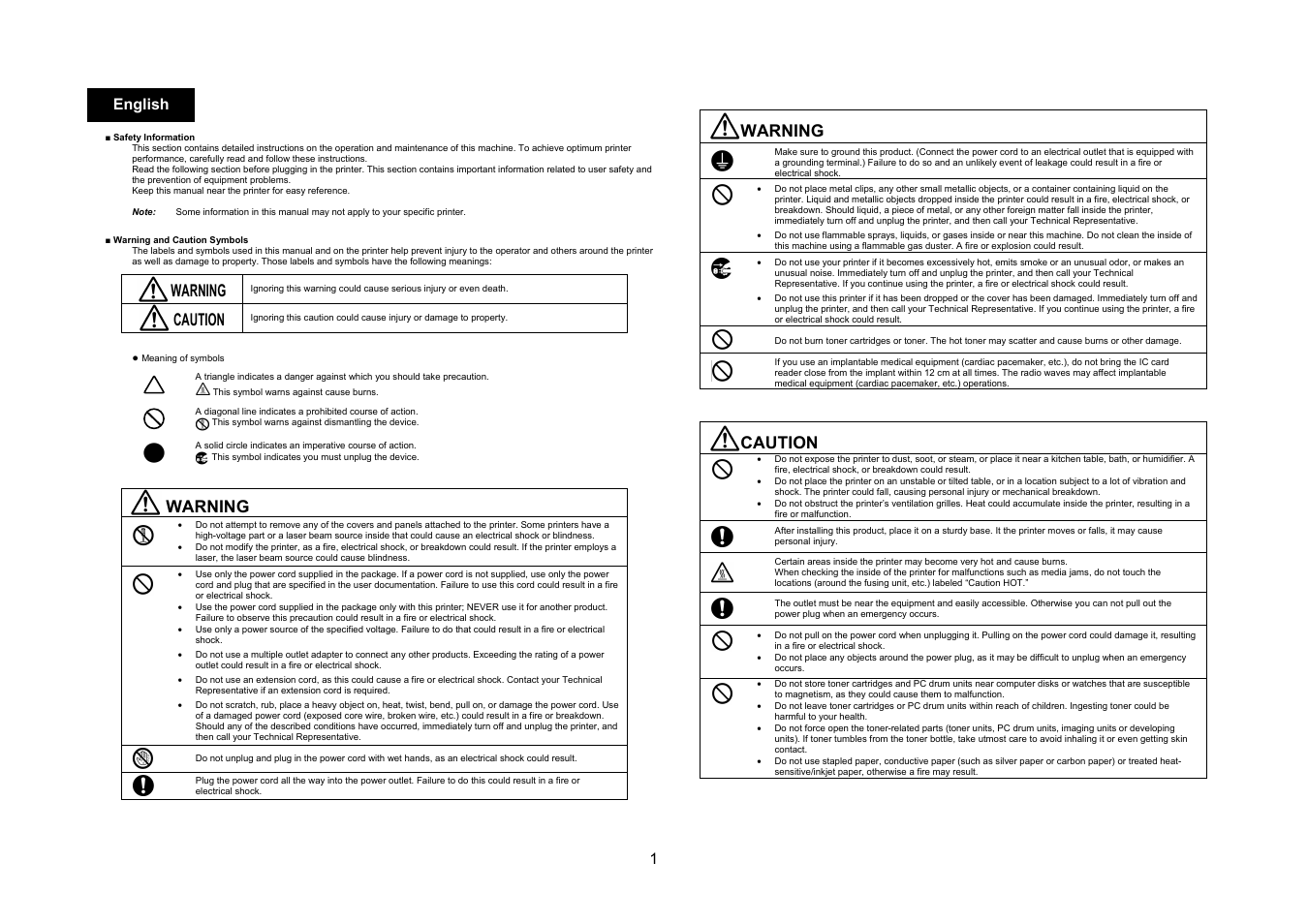 Warning, Caution, 1english | Konica Minolta bizhub C3350 User Manual | Page 2 / 54