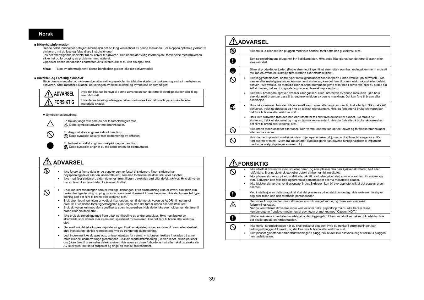 Advarsel, Forsiktig, 39 norsk | Konica Minolta bizhub C3350 User Manual | Page 40 / 54