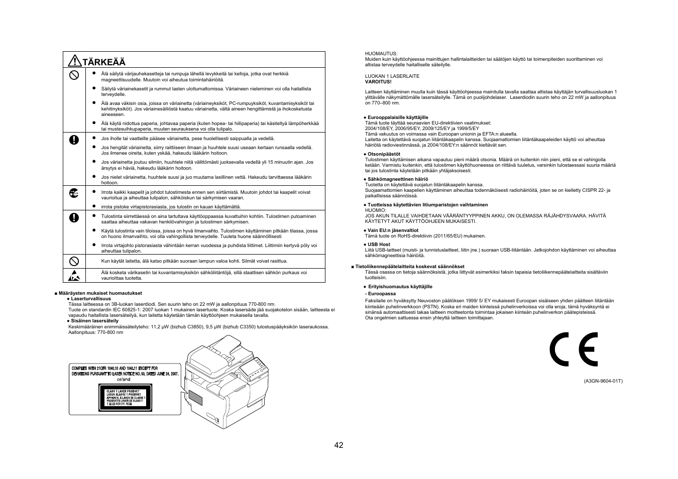 Tärkeää | Konica Minolta bizhub C3350 User Manual | Page 43 / 54