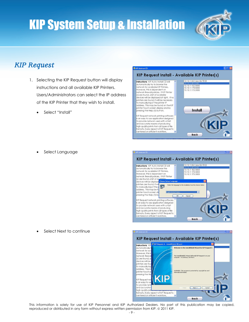 Kip system setup & installation, Kip request | Konica Minolta KIP C7800 User Manual | Page 12 / 24