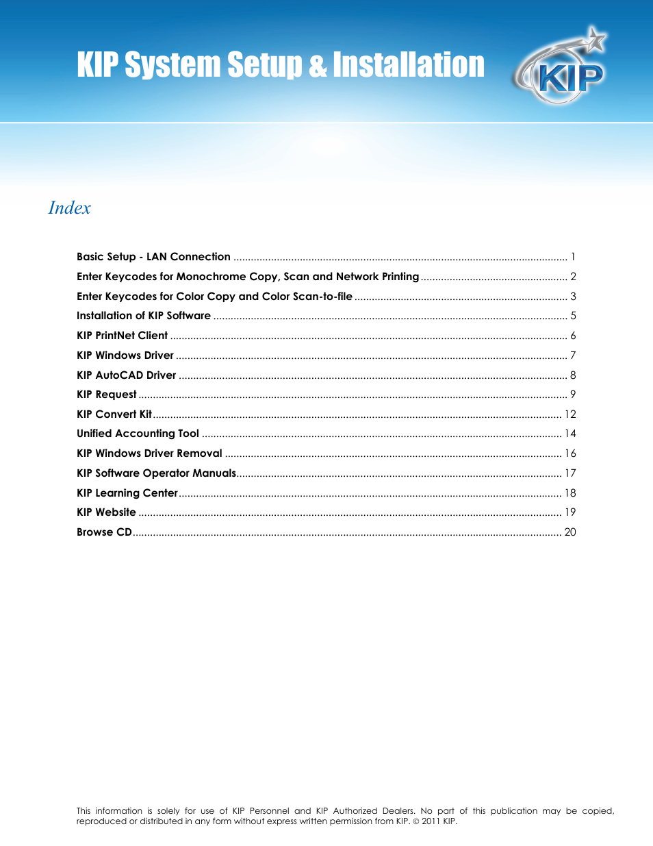 Kip system setup & installation, Index | Konica Minolta KIP C7800 User Manual | Page 3 / 24