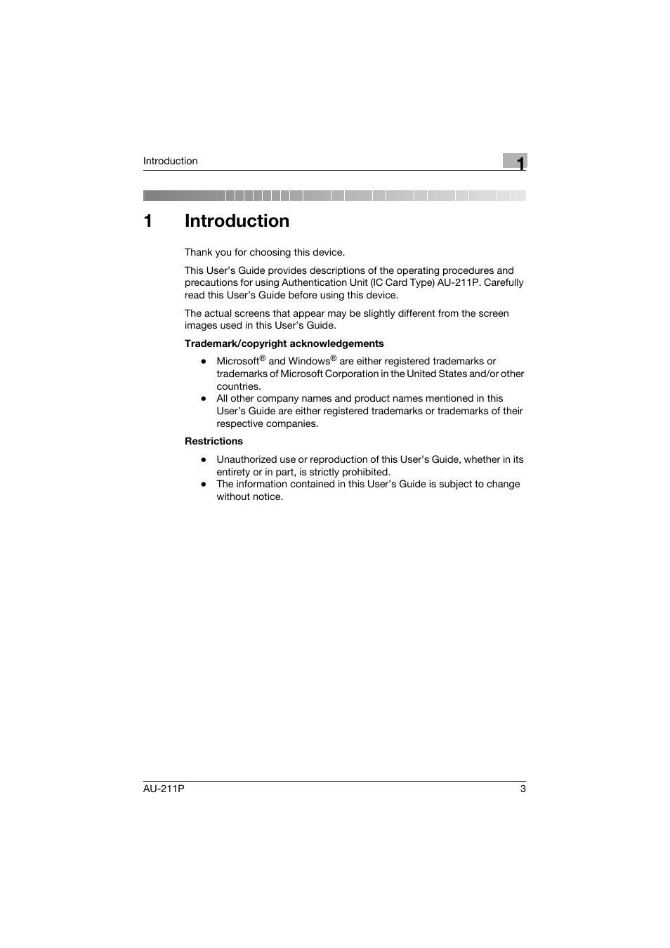 1 introduction, Introduction, 1introduction | Konica Minolta AU-211P User Manual | Page 4 / 65