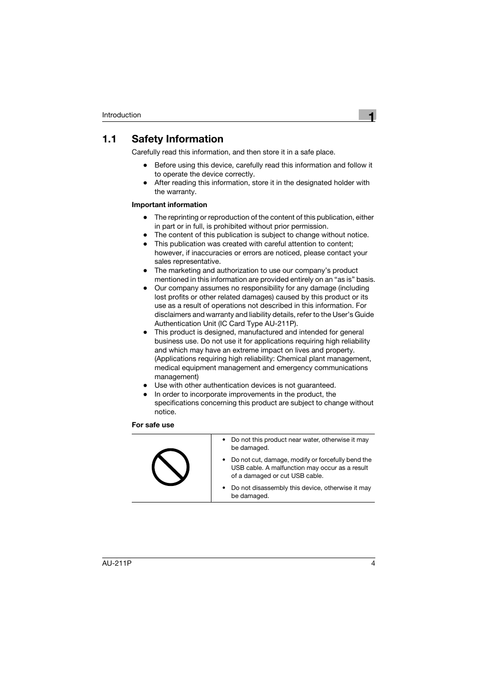 1 safety information, Safety information | Konica Minolta AU-211P User Manual | Page 5 / 65