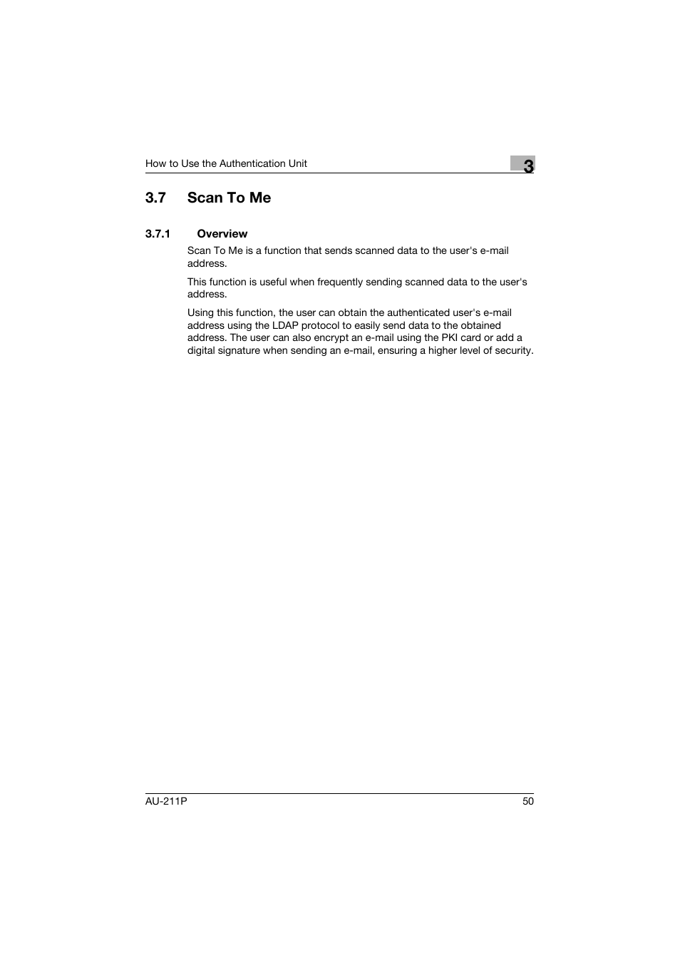 7 scan to me, 1 overview, Scan to me | Overview, P. 50 | Konica Minolta AU-211P User Manual | Page 51 / 65