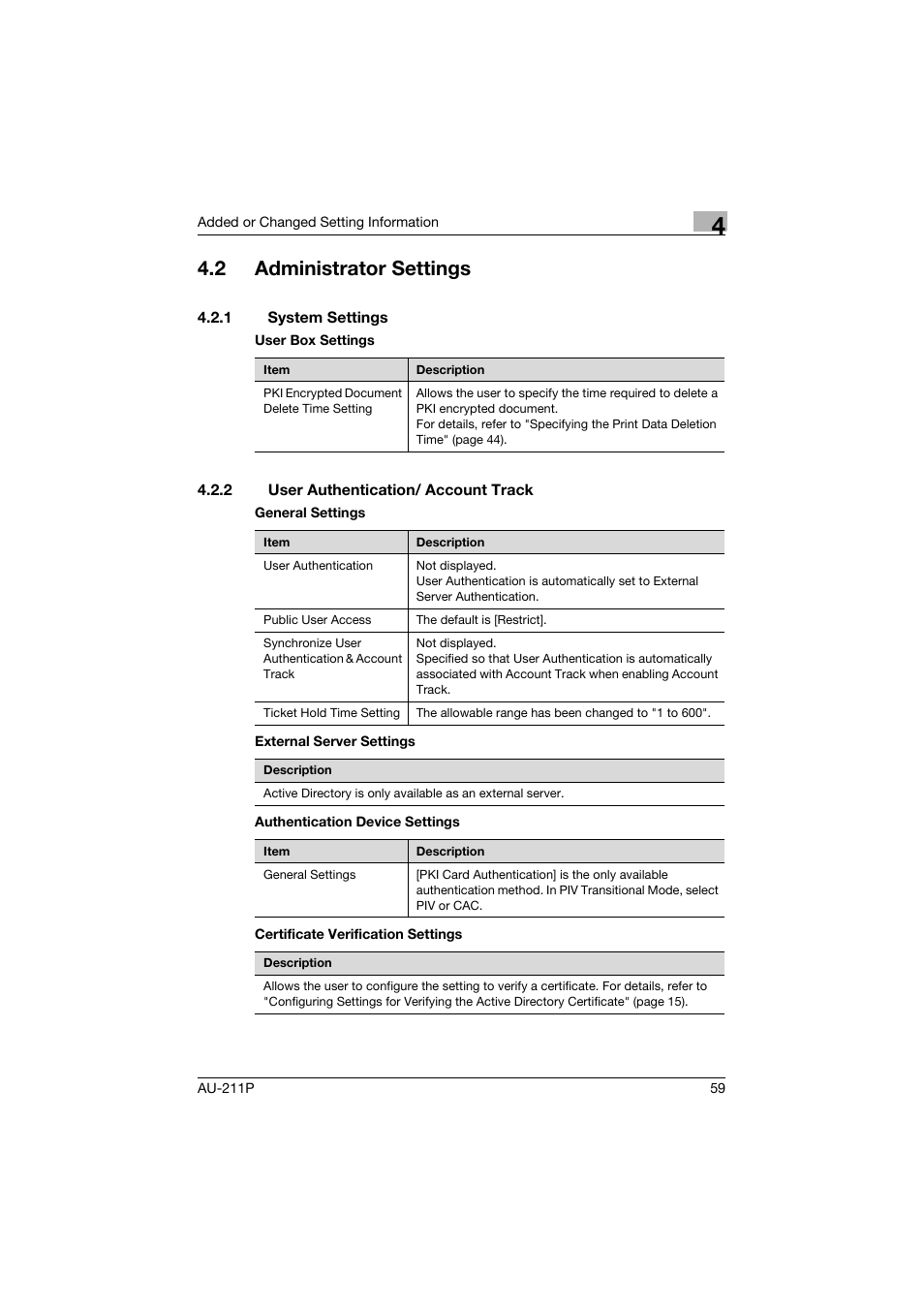 2 administrator settings, 1 system settings, 2 user authentication/ account track | Administrator settings, System settings, User authentication/ account track | Konica Minolta AU-211P User Manual | Page 60 / 65