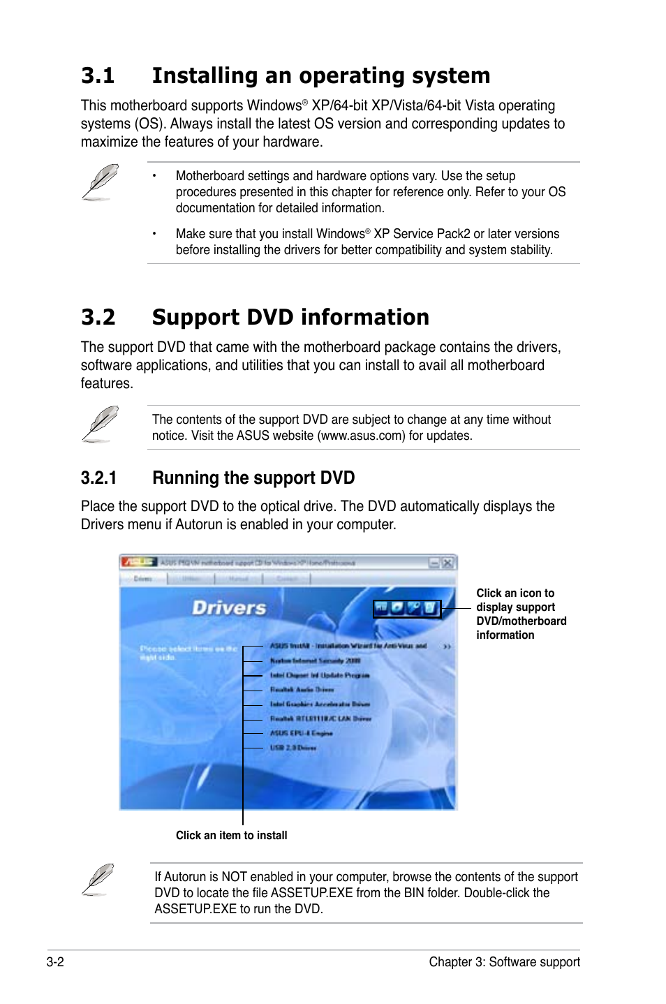 1 installing an operating system, 2 support dvd information, 1 running the support dvd | Installing an operating system -2, Support dvd information -2 3.2.1, Running the support dvd -2 | Asus Motherboard P5Q-VM User Manual | Page 102 / 118