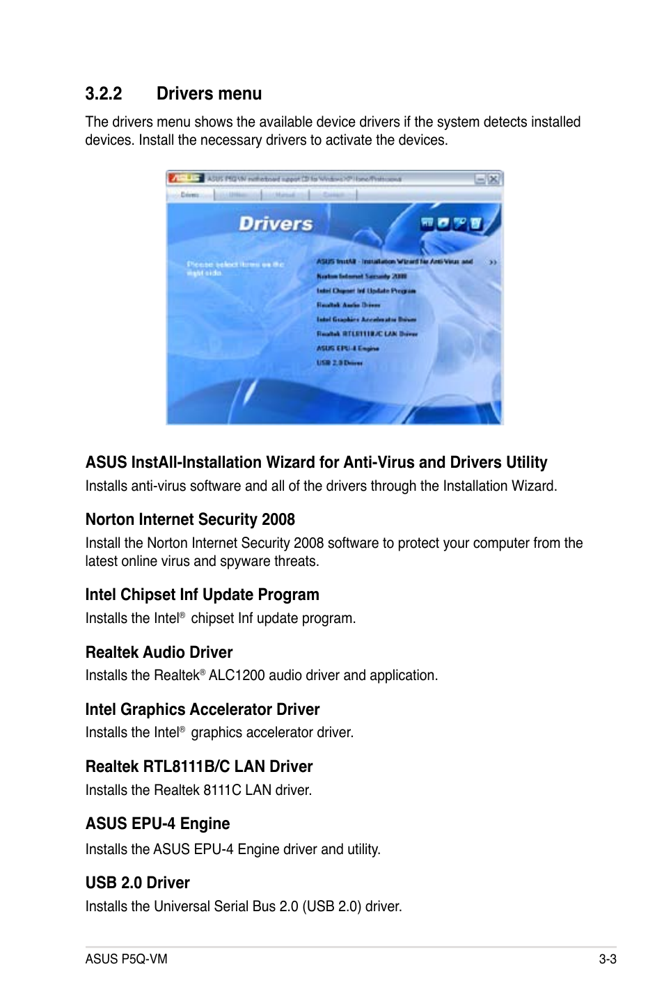 2 drivers menu, Drivers menu -3 | Asus Motherboard P5Q-VM User Manual | Page 103 / 118
