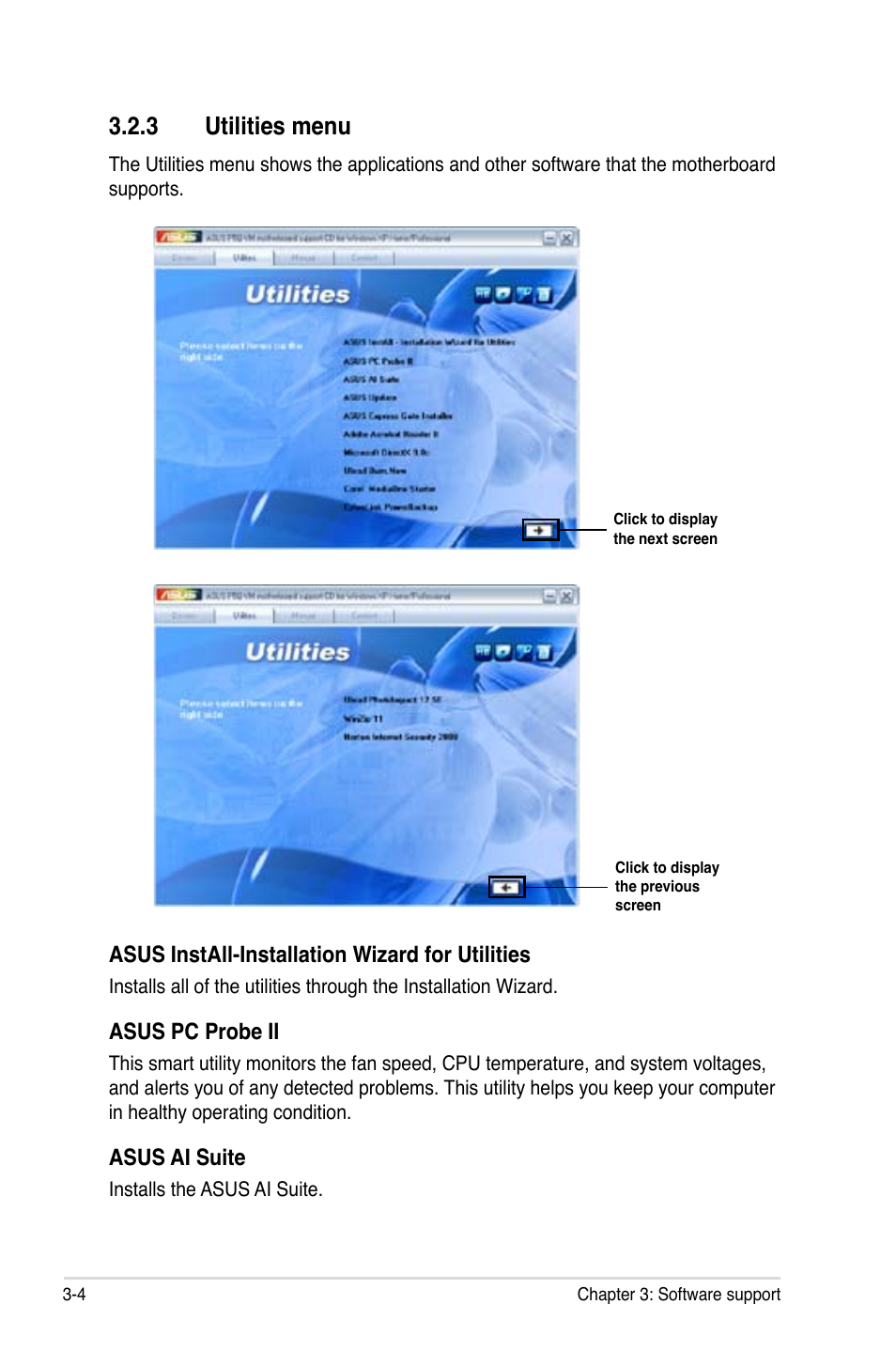 3 utilities menu, Utilities menu -4, Asus install-installation wizard for utilities | Asus pc probe ii, Asus ai suite | Asus Motherboard P5Q-VM User Manual | Page 104 / 118