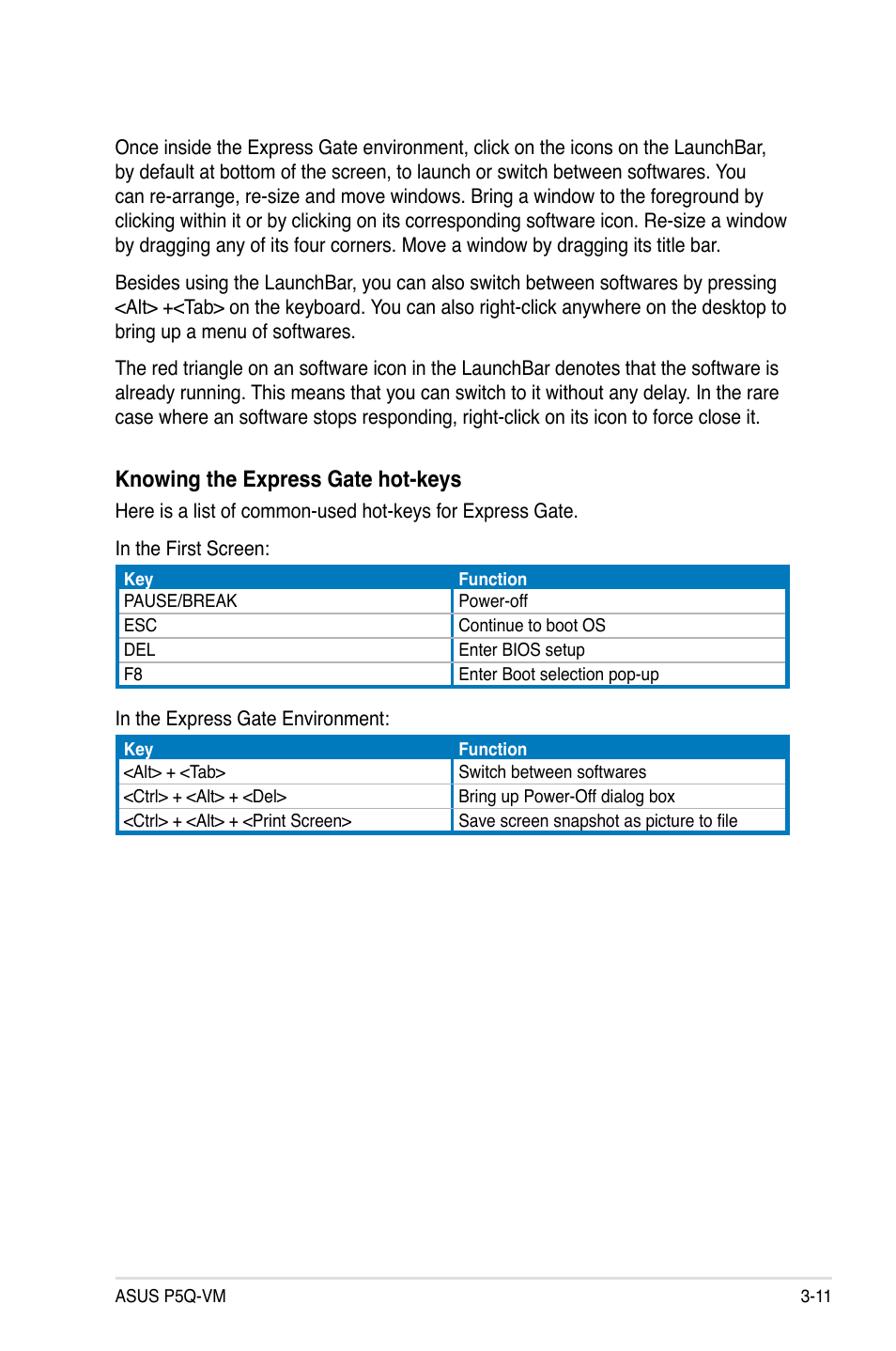 Knowing the express gate hot-keys | Asus Motherboard P5Q-VM User Manual | Page 111 / 118