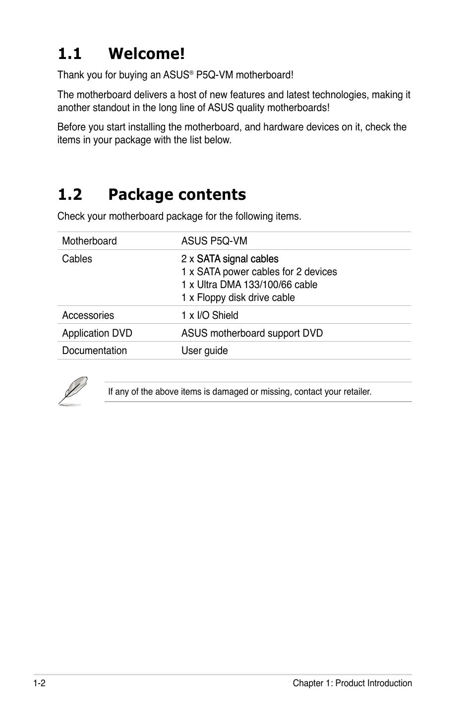 1 welcome, 2 package contents, Welcome! -2 | Package contents -2 | Asus Motherboard P5Q-VM User Manual | Page 14 / 118