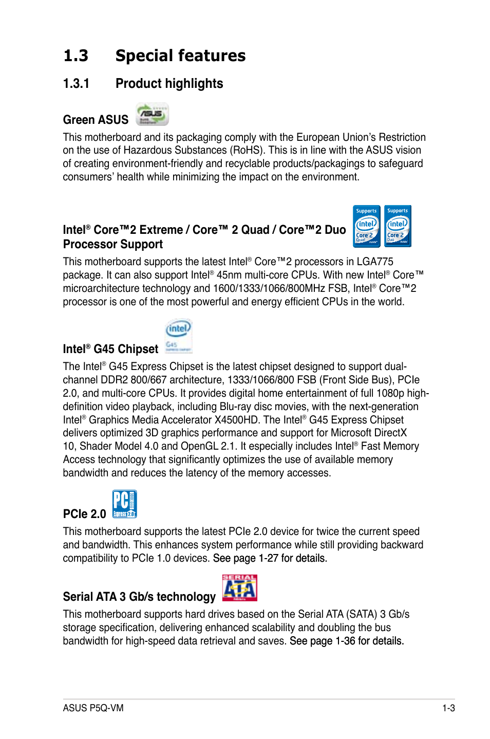 3 special features, 1 product highlights, Special features -3 1.3.1 | Product highlights -3 | Asus Motherboard P5Q-VM User Manual | Page 15 / 118