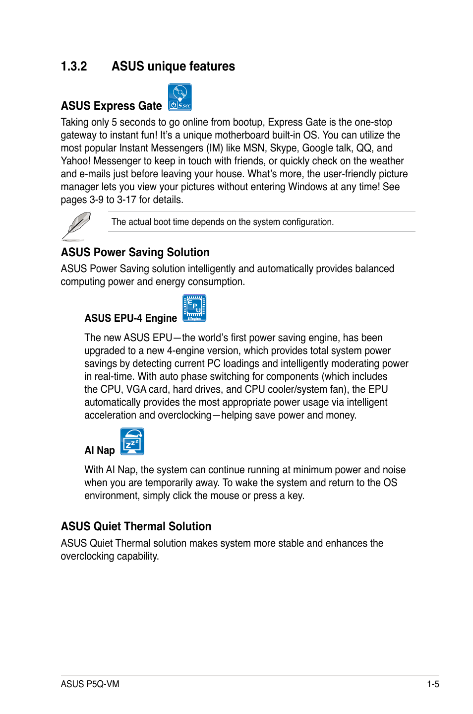 2 asus unique features, Asus unique features -5 | Asus Motherboard P5Q-VM User Manual | Page 17 / 118