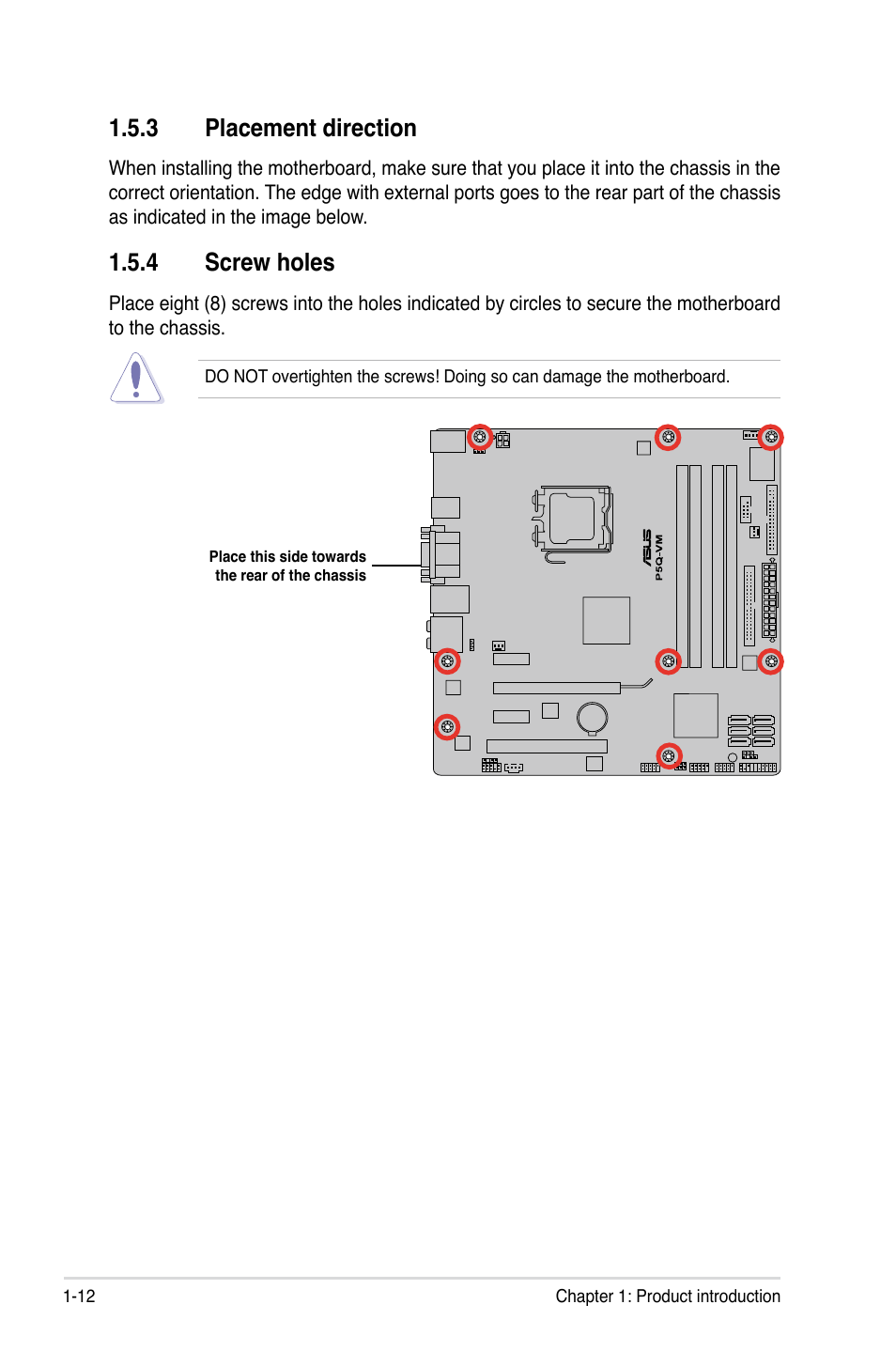 3 placement direction, 4 screw holes, Placement direction -12 | Screw holes -12 | Asus Motherboard P5Q-VM User Manual | Page 24 / 118