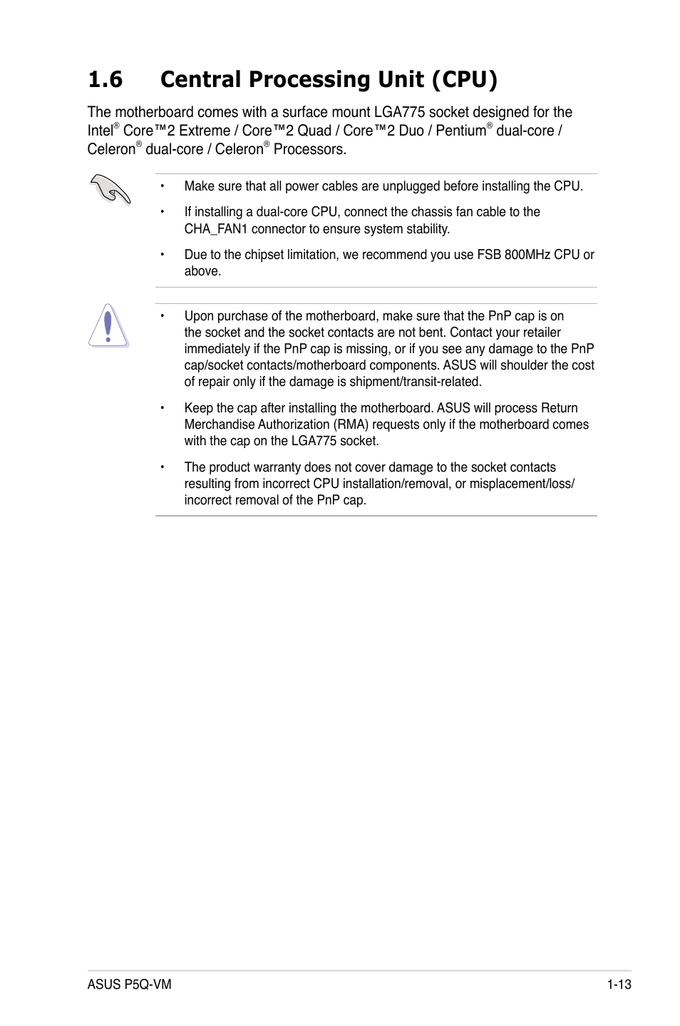 6 central processing unit (cpu), Central processing unit (cpu) -13 | Asus Motherboard P5Q-VM User Manual | Page 25 / 118