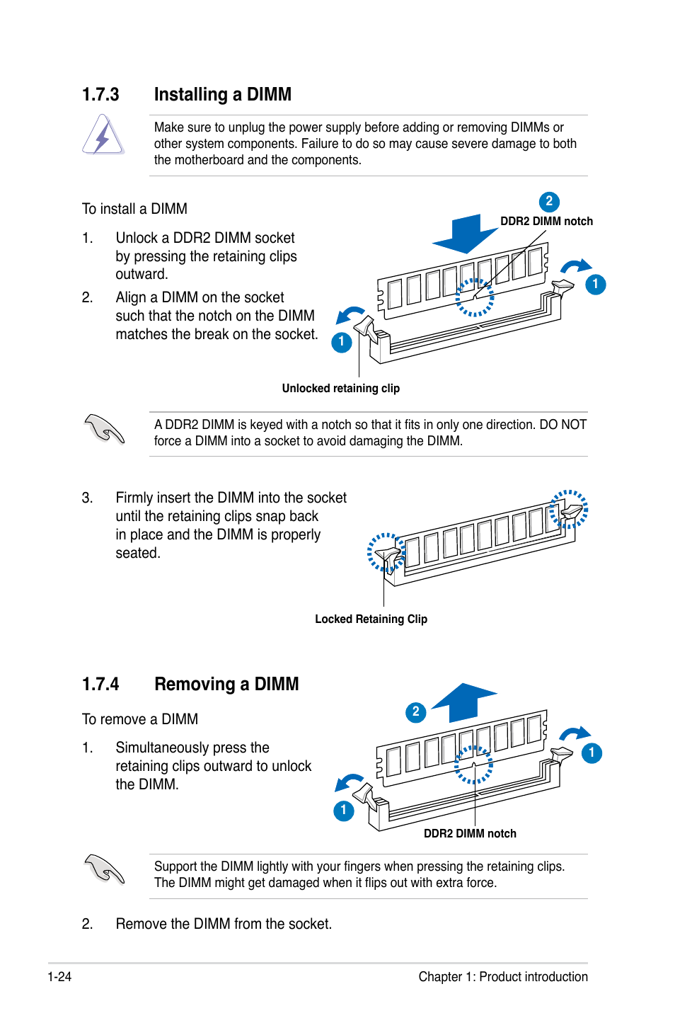 3 installing a dimm, 4 removing a dimm, Installing a dimm -24 | Removing a dimm -24 | Asus Motherboard P5Q-VM User Manual | Page 36 / 118