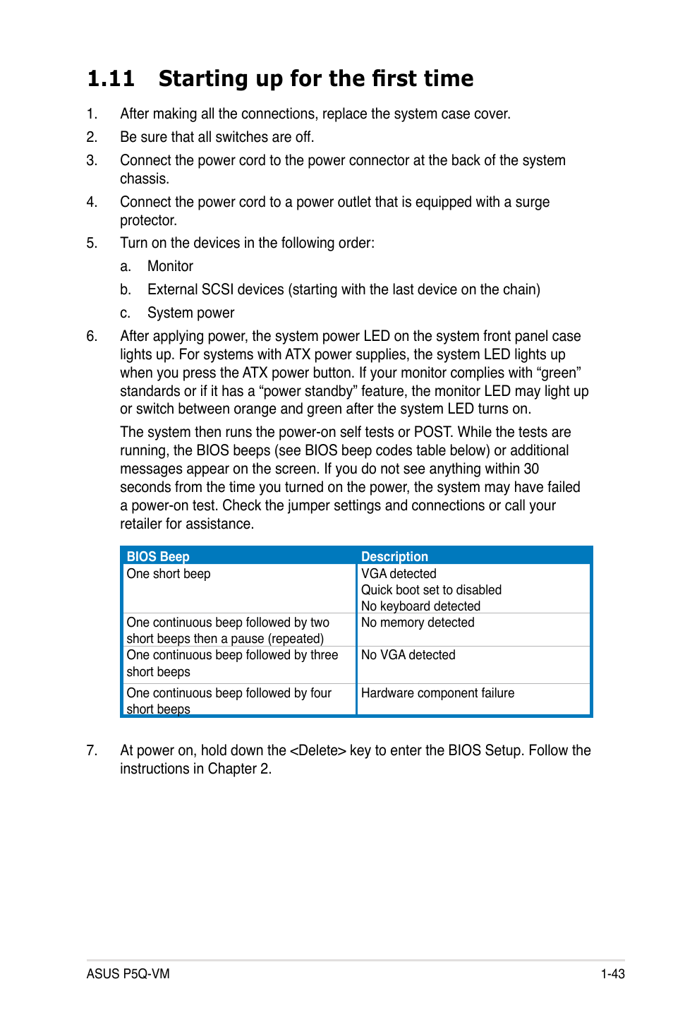 11 starting up for the first time, 11 starting up for the first time -43 | Asus Motherboard P5Q-VM User Manual | Page 55 / 118