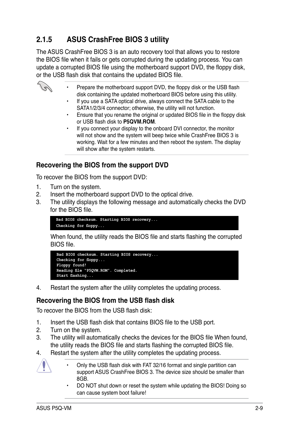 5 asus crashfree bios 3 utility, Asus crashfree bios 3 utility -9, Recovering the bios from the support dvd | Recovering the bios from the usb flash disk | Asus Motherboard P5Q-VM User Manual | Page 65 / 118