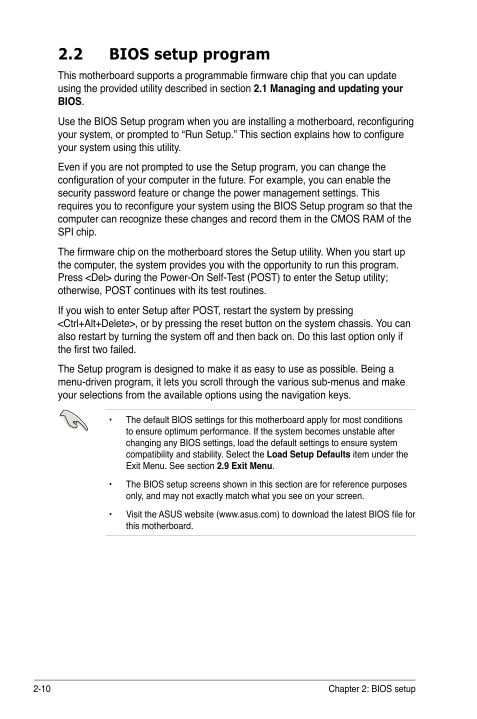 2 bios setup program, Bios setup program -10 | Asus Motherboard P5Q-VM User Manual | Page 66 / 118