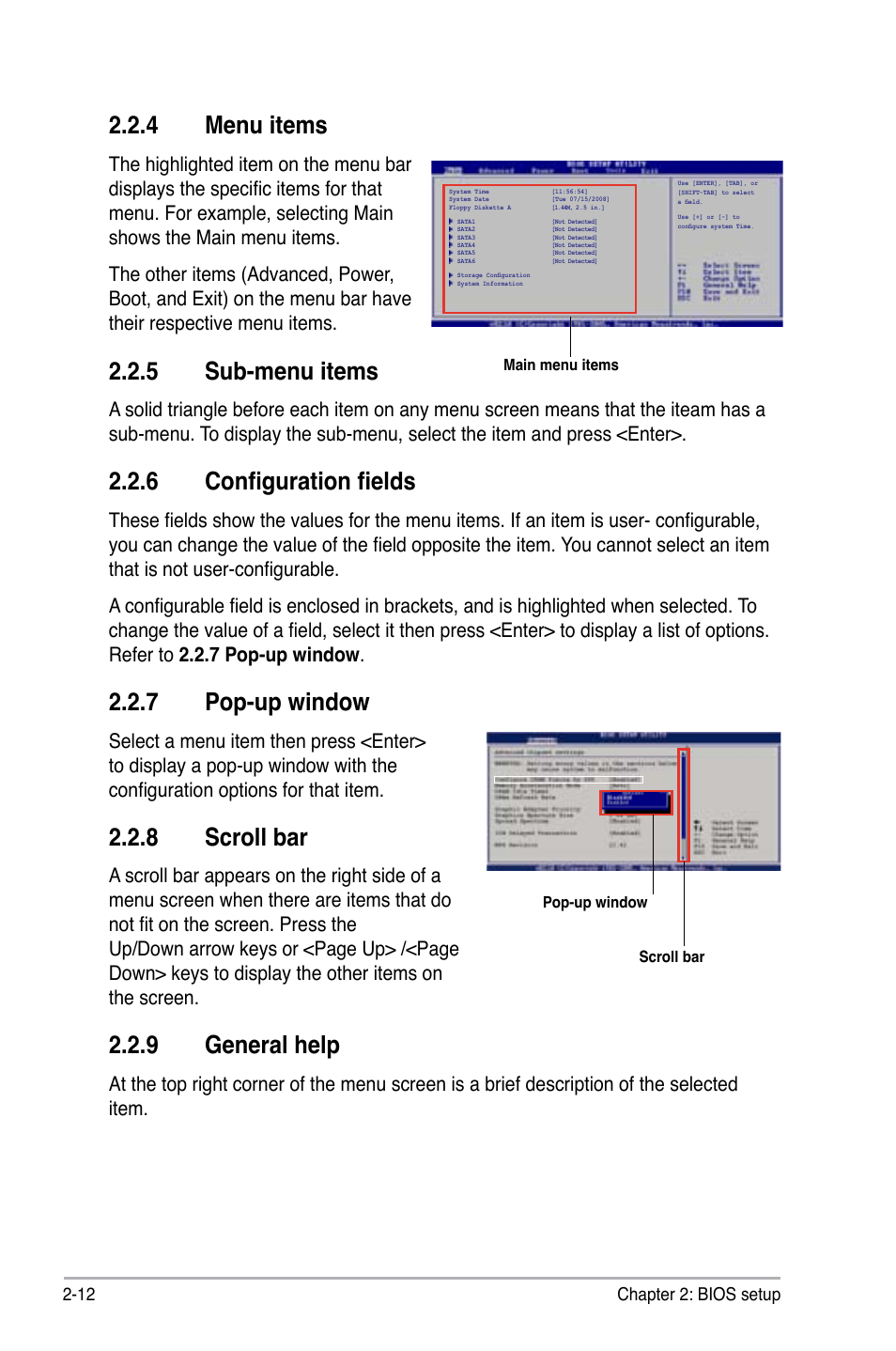4 menu items, 5 sub-menu items, 6 configuration fields | 7 pop-up window, 8 scroll bar, 9 general help, Menu items -12, Sub-menu items -12, Configuration fields -12, Pop-up window -12 | Asus Motherboard P5Q-VM User Manual | Page 68 / 118
