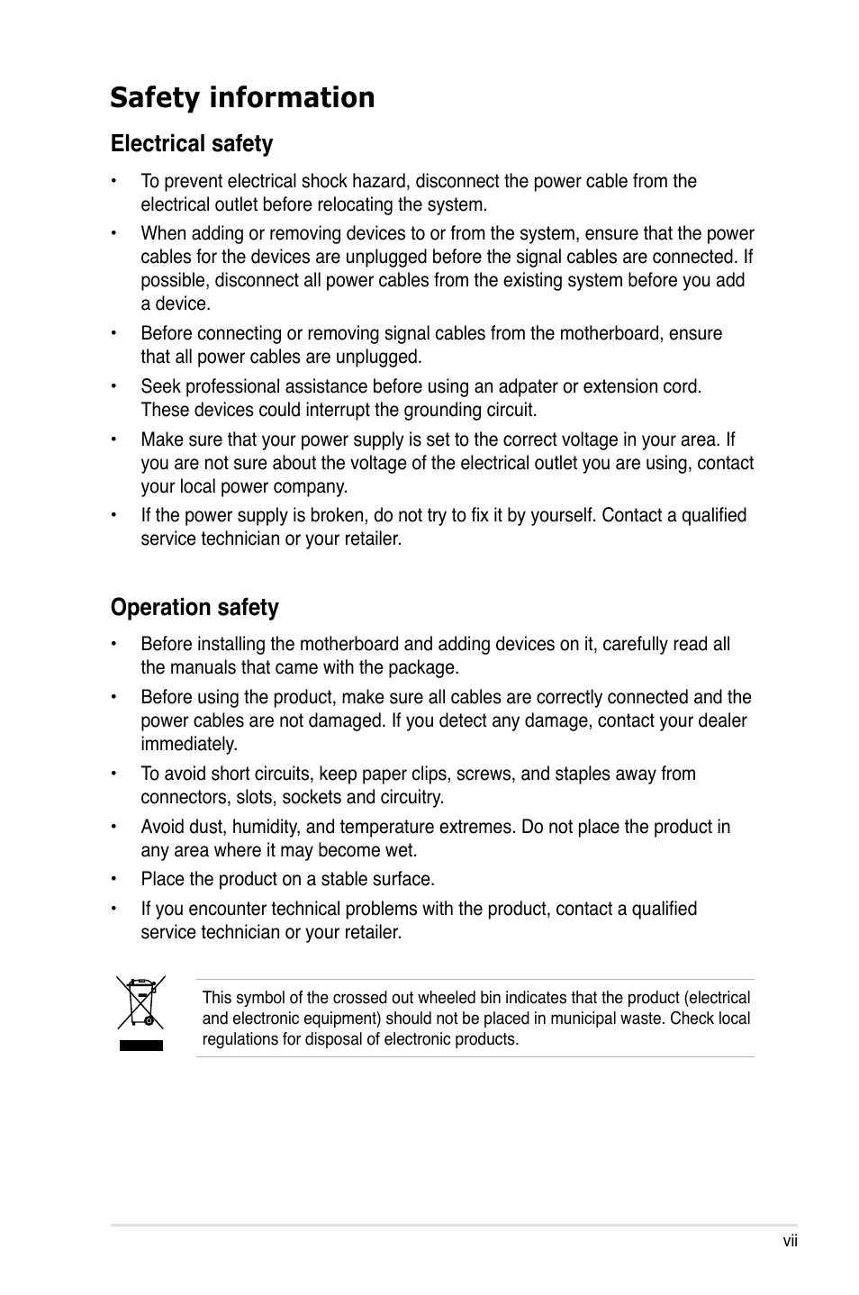 Safety information, Electrical safety, Operation safety | Asus Motherboard P5Q-VM User Manual | Page 7 / 118