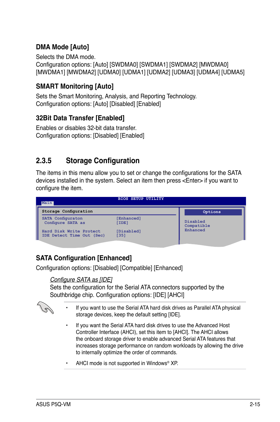 5 storage configuration, Storage configuration -15, Dma mode [auto | Smart monitoring [auto, 32bit data transfer [enabled, Sata configuration [enhanced | Asus Motherboard P5Q-VM User Manual | Page 71 / 118