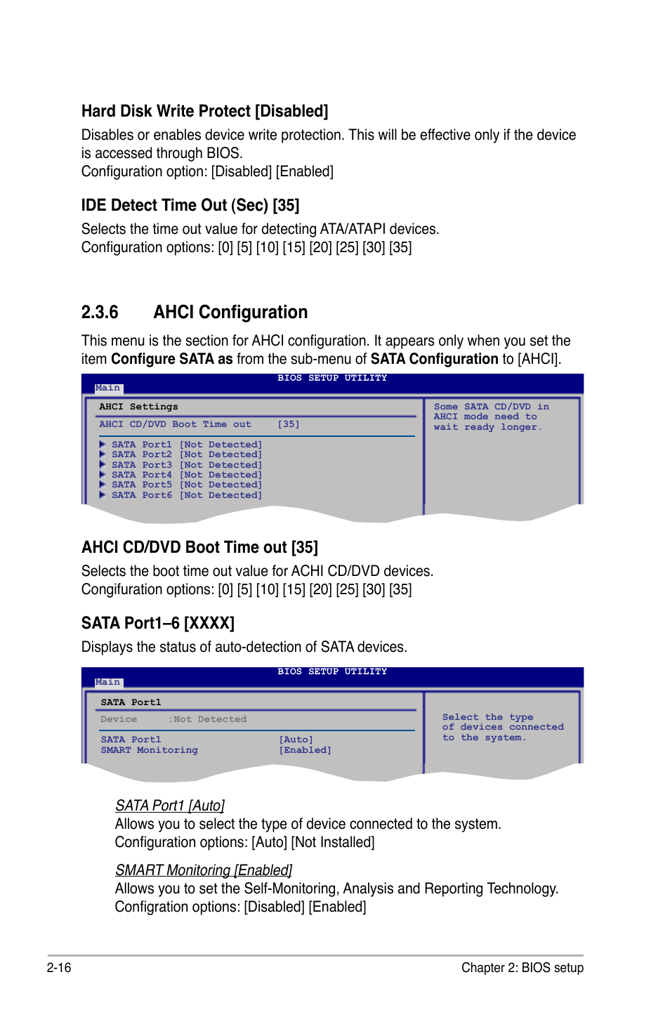 6 ahci configuration, Ahci configuration -16, Hard disk write protect [disabled | Ide detect time out (sec) [35, Ahci cd/dvd boot time out [35 | Asus Motherboard P5Q-VM User Manual | Page 72 / 118