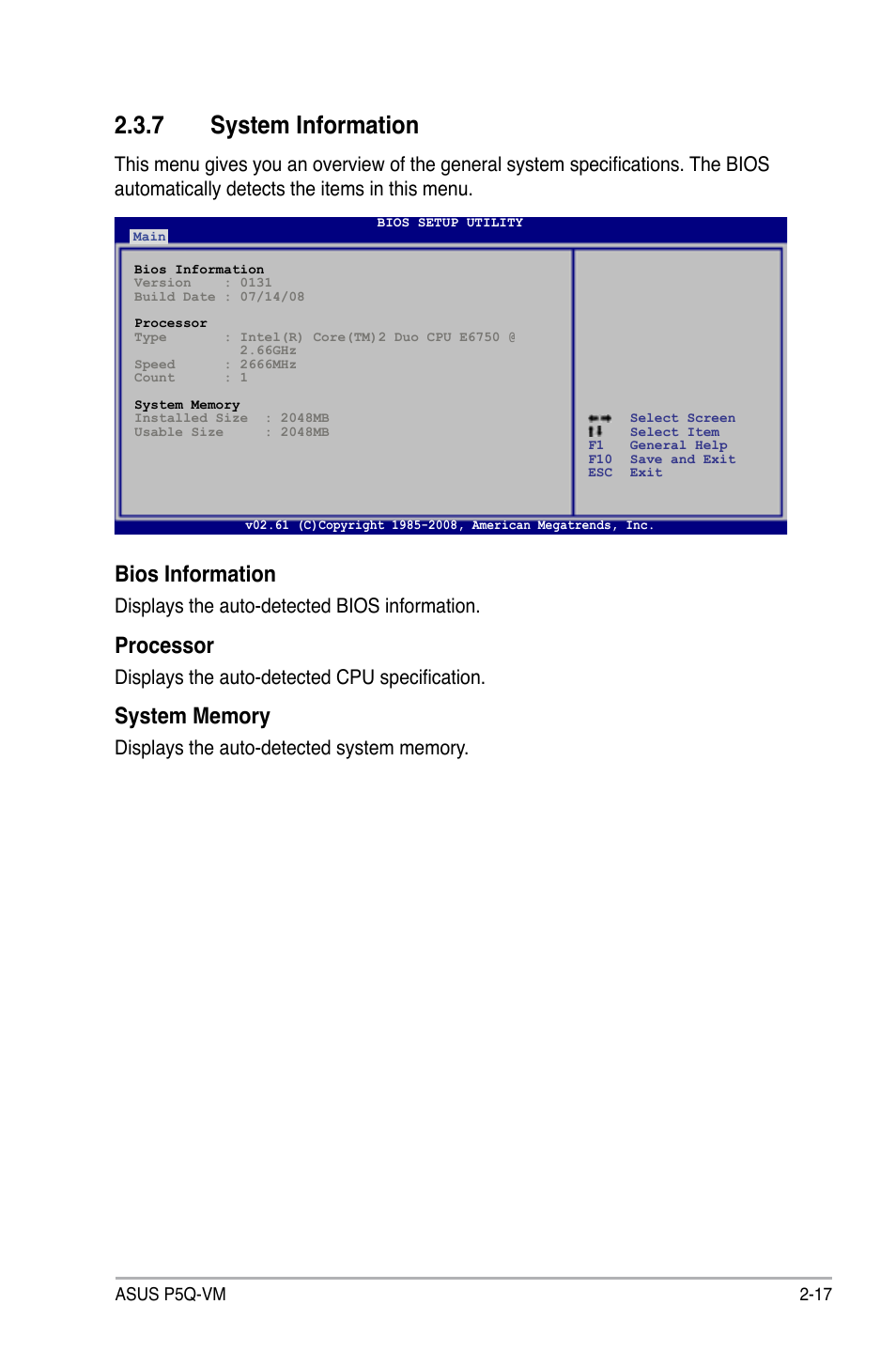 7 system information, System information -17, Bios information | Processor, Displays the auto-detected bios information, Displays the auto-detected cpu specification | Asus Motherboard P5Q-VM User Manual | Page 73 / 118