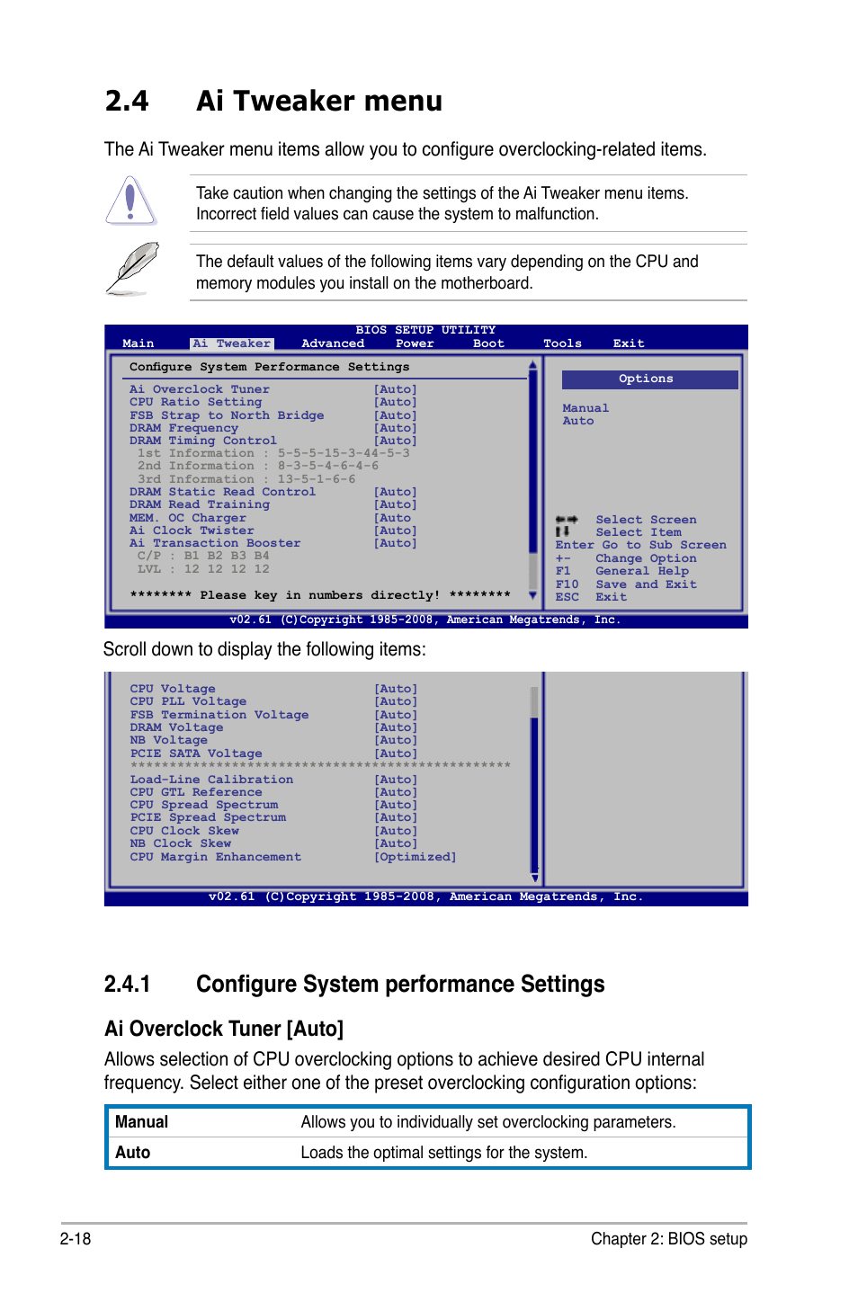 4 ai tweaker menu, 1 configure system performance settings, Ai tweaker menu -18 2.4.1 | Configure system performance settings -18, Ai overclock tuner [auto, Scroll down to display the following items, 18 chapter 2: bios setup | Asus Motherboard P5Q-VM User Manual | Page 74 / 118