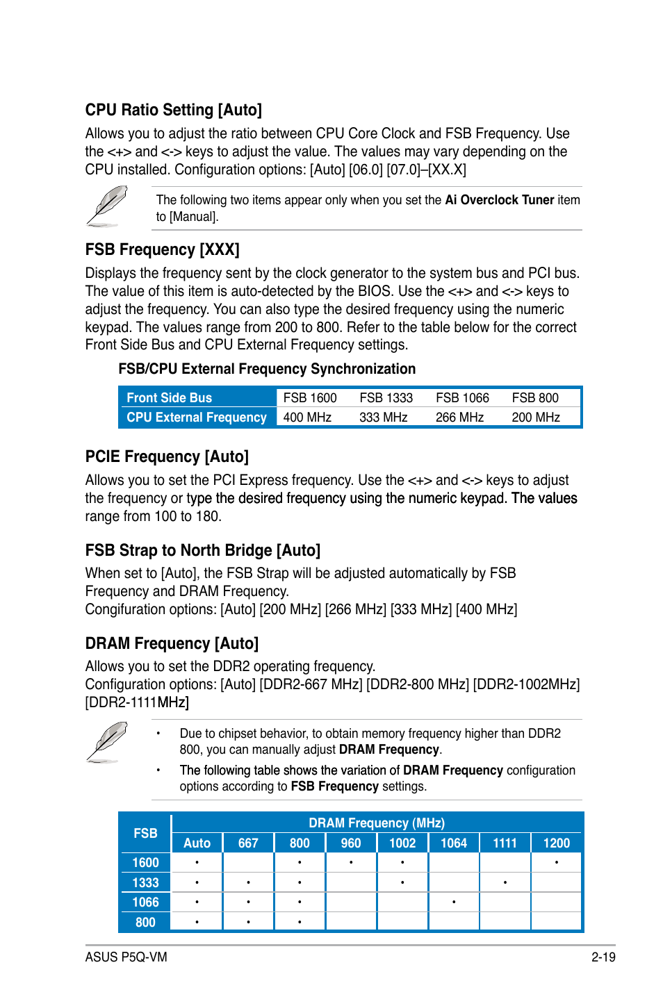 Cpu ratio setting [auto, Fsb frequency [xxx, Pcie frequency [auto | Fsb strap to north bridge [auto, Dram frequency [auto | Asus Motherboard P5Q-VM User Manual | Page 75 / 118