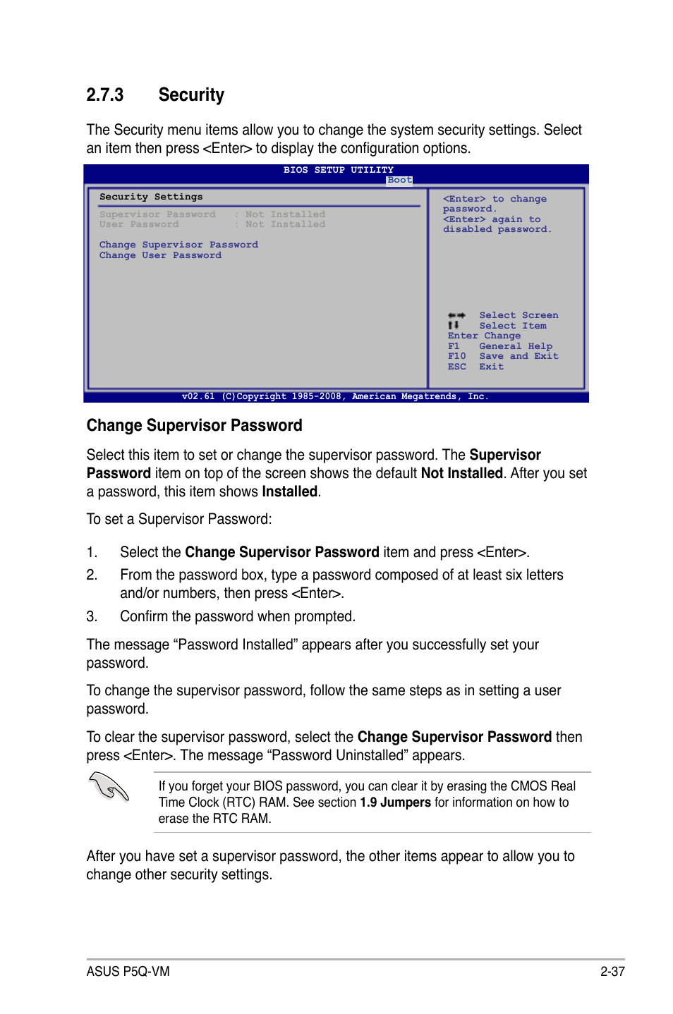 3 security, Security -37, Change supervisor password | Asus Motherboard P5Q-VM User Manual | Page 93 / 118