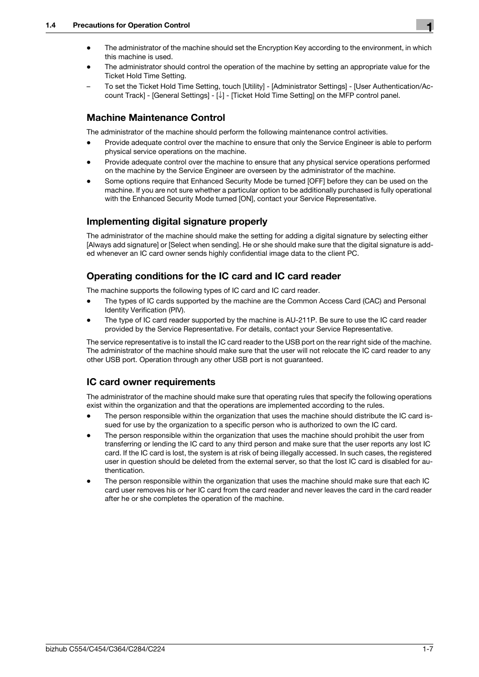 Machine maintenance control, Implementing digital signature properly, Ic card owner requirements | Konica Minolta bizhub C364 User Manual | Page 10 / 58