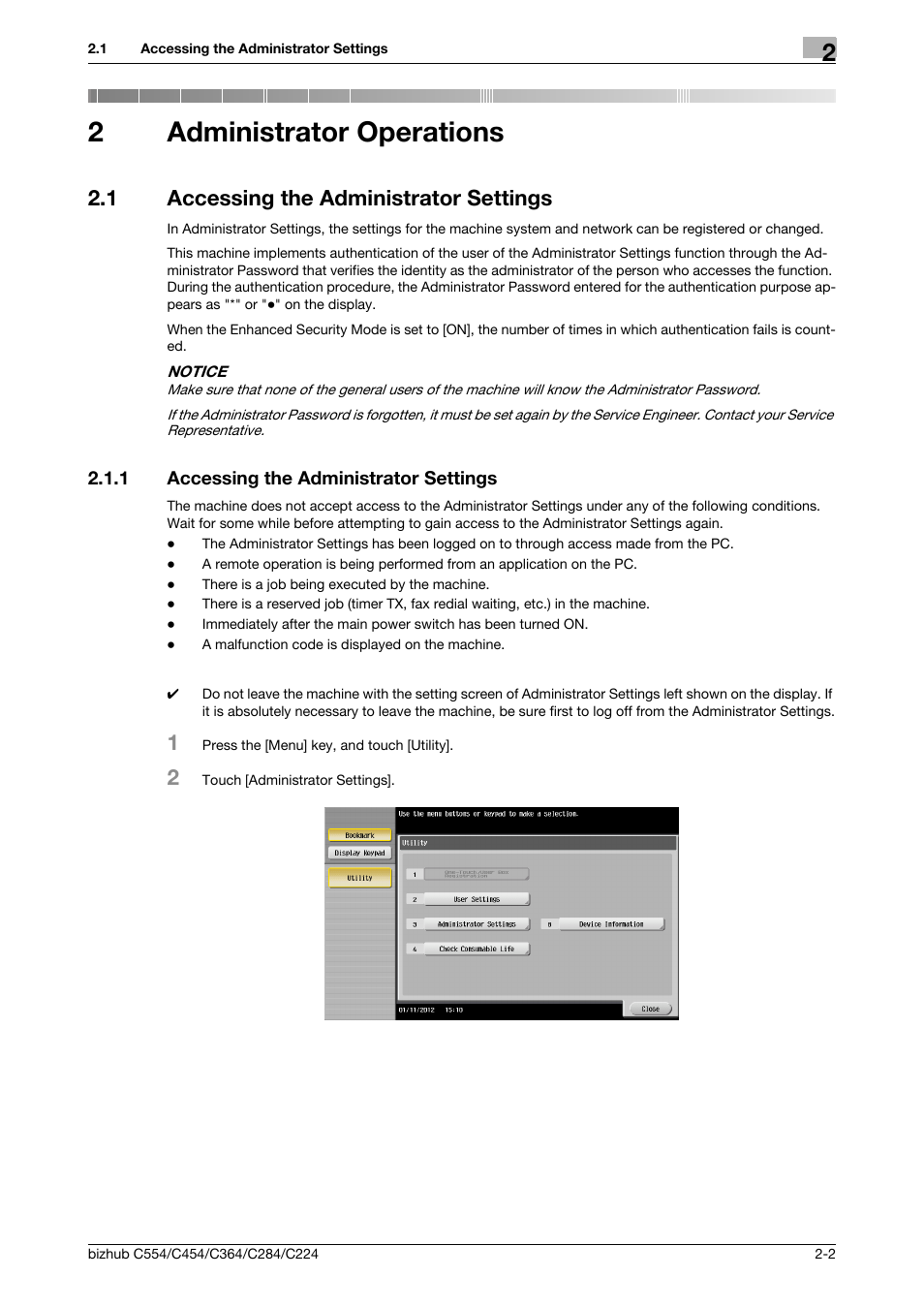 2 administrator operations, 1 accessing the administrator settings, Administrator operations | Accessing the administrator settings -2, 2administrator operations | Konica Minolta bizhub C364 User Manual | Page 14 / 58