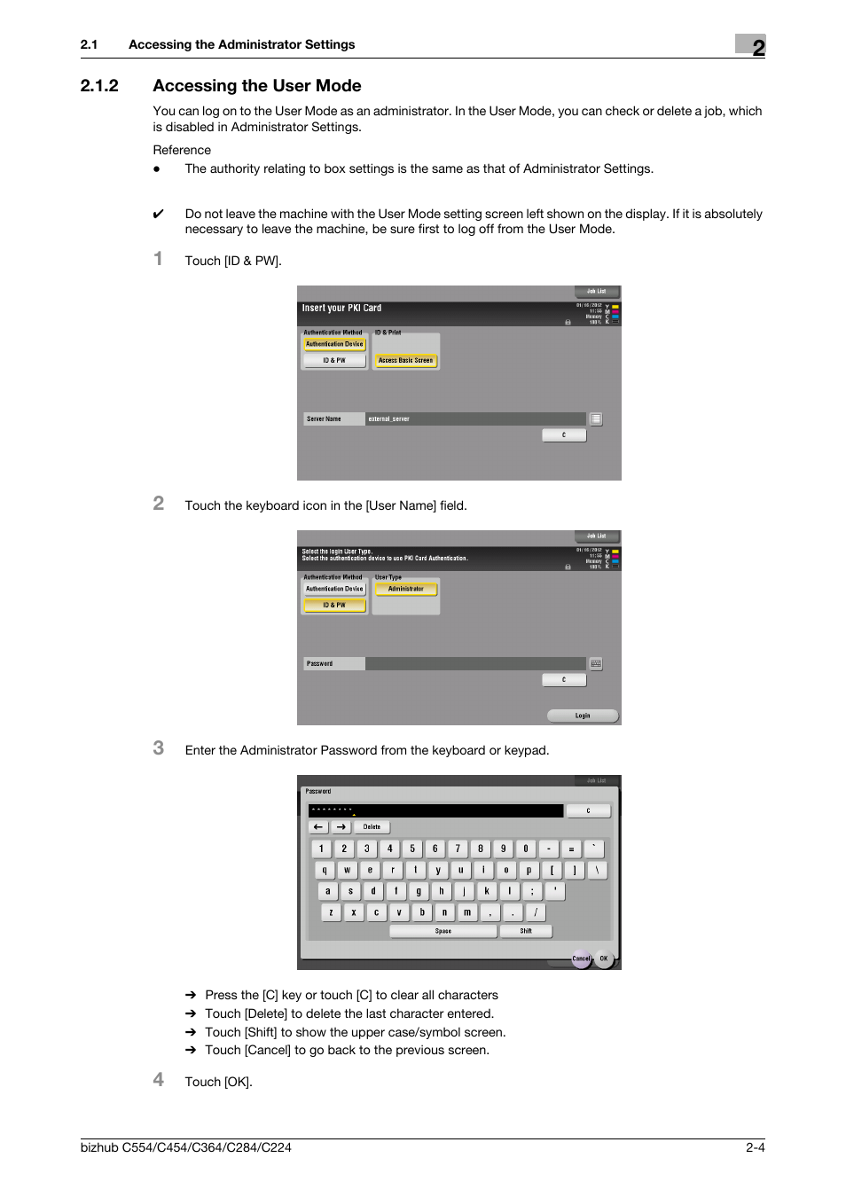 2 accessing the user mode, Accessing the user mode -4 | Konica Minolta bizhub C364 User Manual | Page 16 / 58