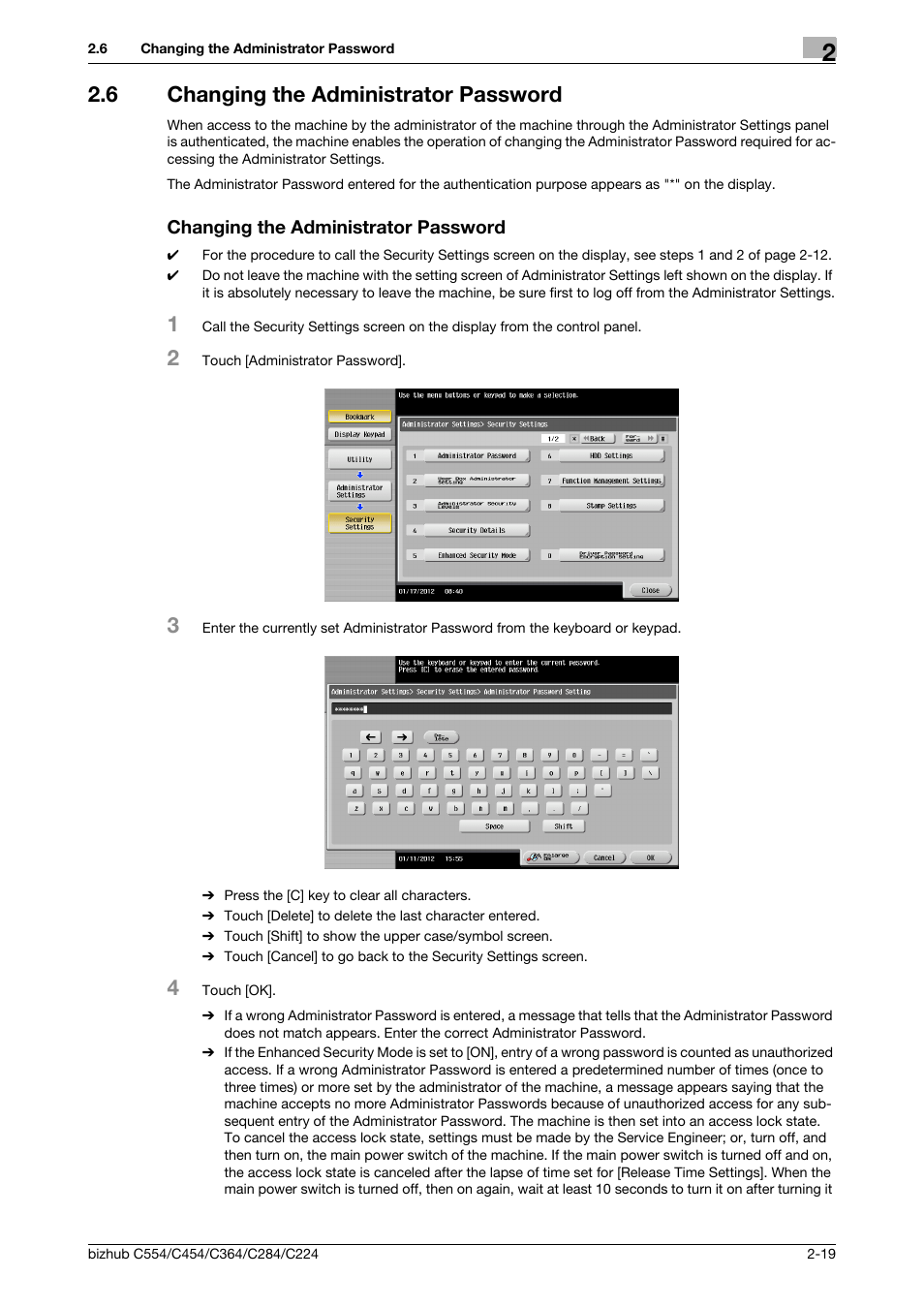 6 changing the administrator password, Changing the administrator password | Konica Minolta bizhub C364 User Manual | Page 31 / 58