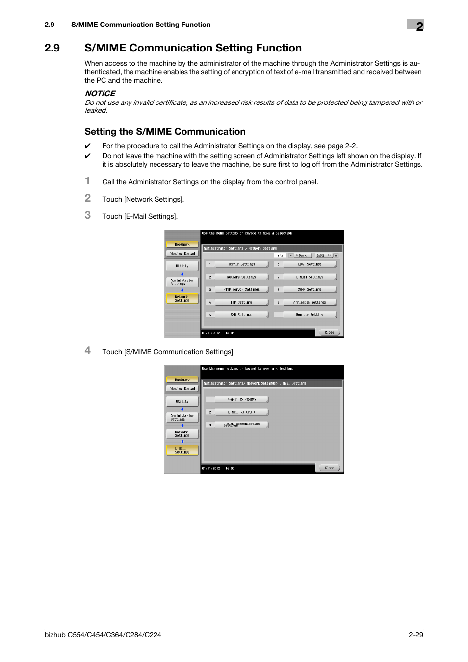 9 s/mime communication setting function, Setting the s/mime communication | Konica Minolta bizhub C364 User Manual | Page 41 / 58