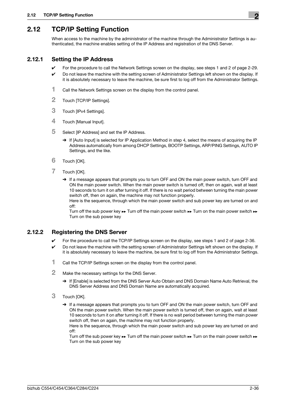 12 tcp/ip setting function, 1 setting the ip address, 2 registering the dns server | Tcp/ip setting function -36, Setting the ip address -36, Registering the dns server -36 | Konica Minolta bizhub C364 User Manual | Page 48 / 58