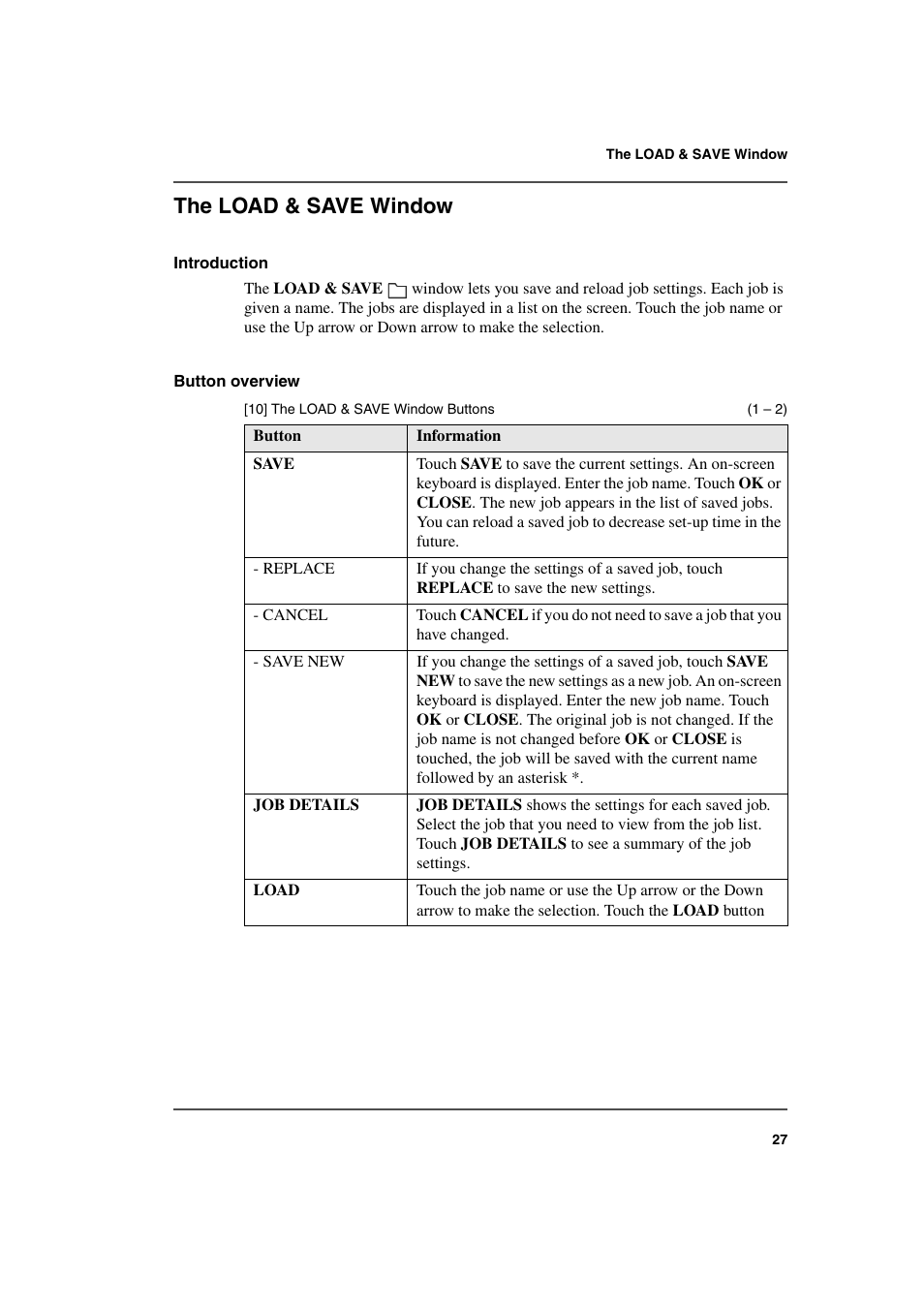 The load & save window, Table 10 on | Konica Minolta bizhub PRO 2000P User Manual | Page 27 / 118