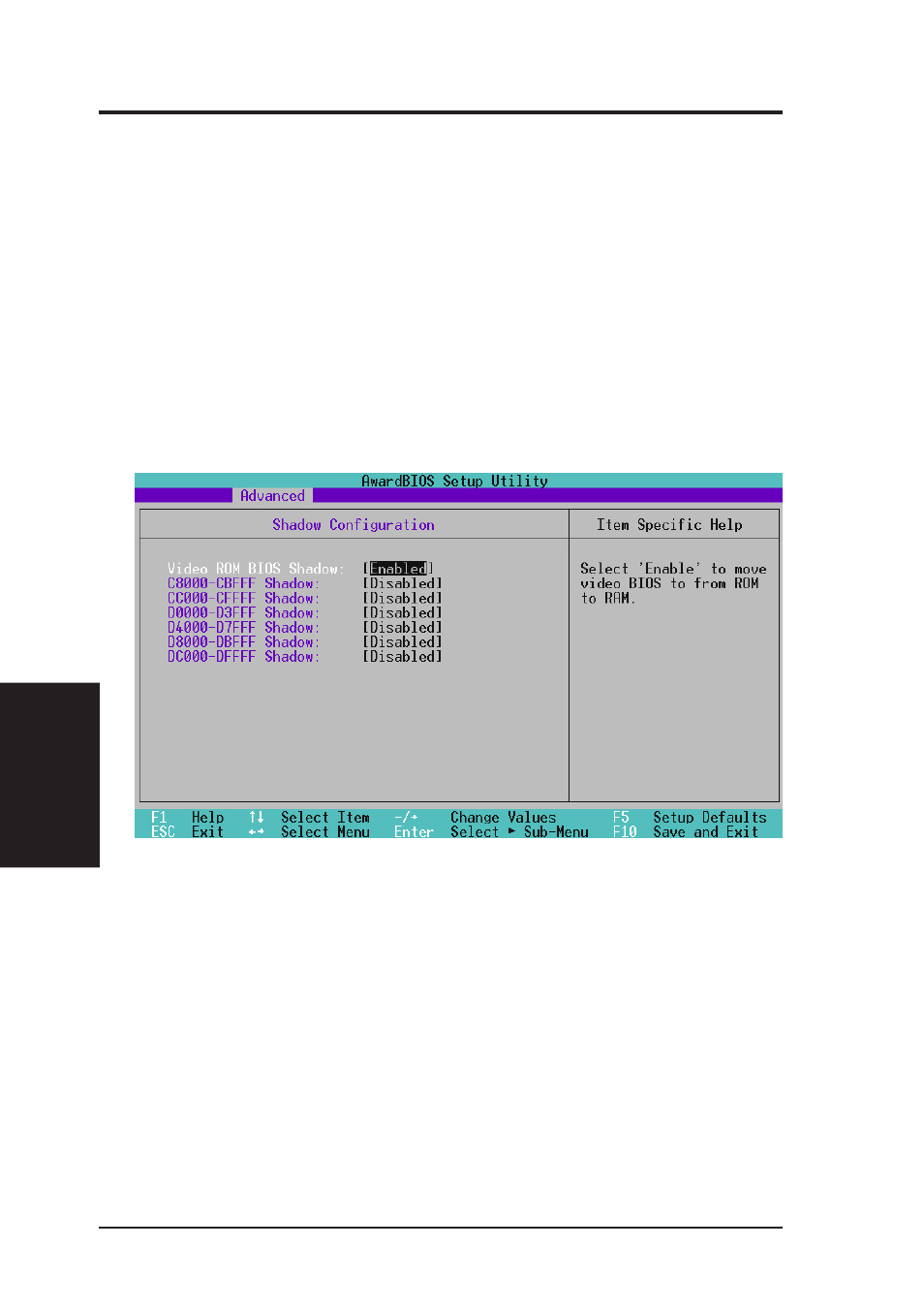 Bios setup, 4 shadow configuration | Asus ME-99 User Manual | Page 62 / 104