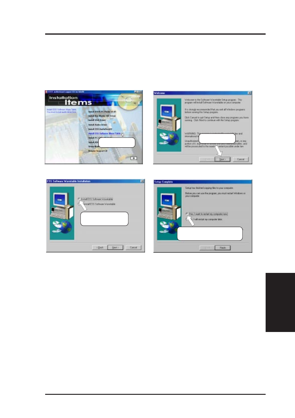 Software setup, 8 install ess software wave table, Only with onboard audio) | Asus ME-99 User Manual | Page 81 / 104